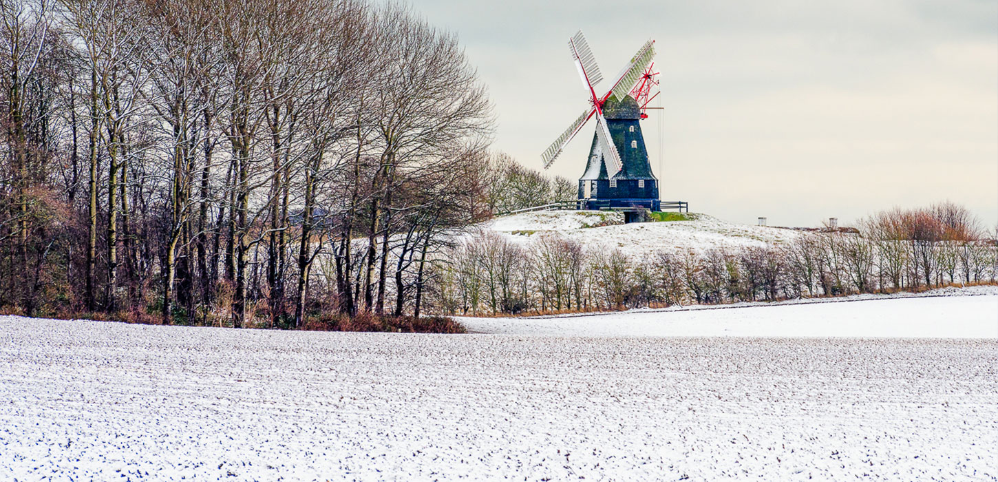 Skovsgaard Mølle med snedækkede marker