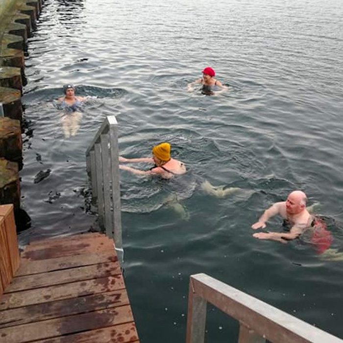 Vinterbadere i havnen i Bagenkop